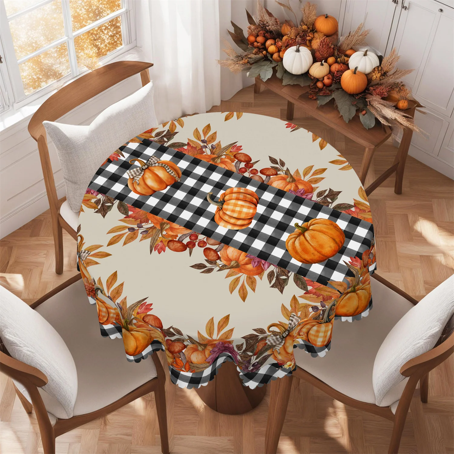 Buffalo check bowknot pumpkin leaf mushroom tablecloth, suitable for rectangular and round tables. kdj