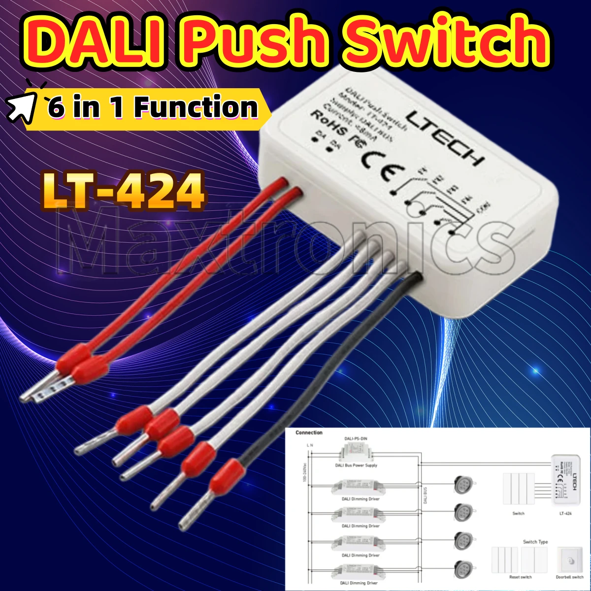 Saklar DALI Push Switch LTECH 6 in 1 Fungsi Baru LT-424 Operasi Tegangan Rendah Saklar On/Off LED Saklar Bus DALI untuk Lampu Strip LED