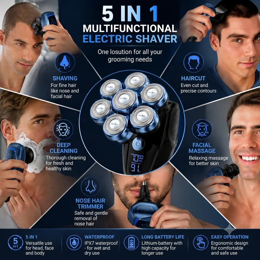 

Head Shavers for Bald Men 7D Floating 5-in-1 Upgraded Electric Shaver, IPX7 Waterproof (Wet/Dry Use), LED Display & Type-C Fast Charging; Ideal Gift for Father, Boyfriend, or Husband