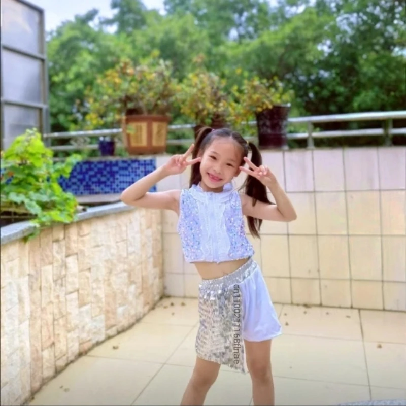 Costumi di danza hip-hop e di strada per bambini, costumi di performance di danza jazz con glitter argento, set di passerelle di moda per ragazze