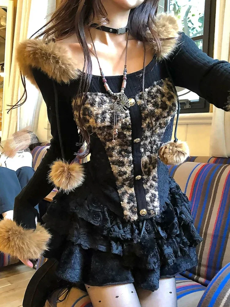 2000s مثير ليوبارد طباعة 2 قطعة مجموعة النساء Y2k خمر مقنعين تموج القمم + كعكة تنورة دعوى كوريا شيك تصميم السببية مجموعات 2025