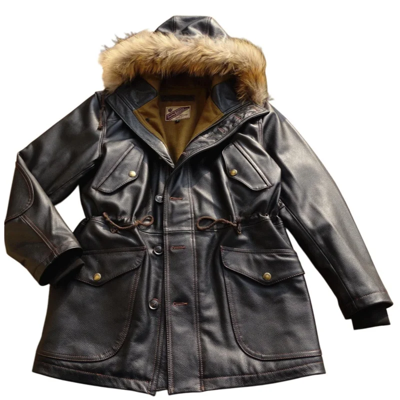 Black Winter Hooded Leather Jacket Men Retro Style Plus Size 5XL Genuine Natural Cowhide Thick Warm Multi-Pocket Coat