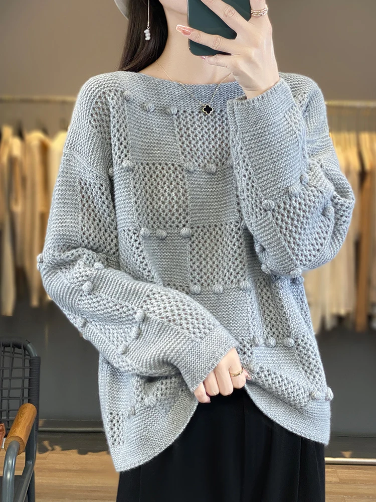 New Arrivals Hollow Out Women\'s Sweater 100% Cashmere O-Neck Pullover Loose-fitting Knitted Jumpers Lady Clothing Fashion Trends