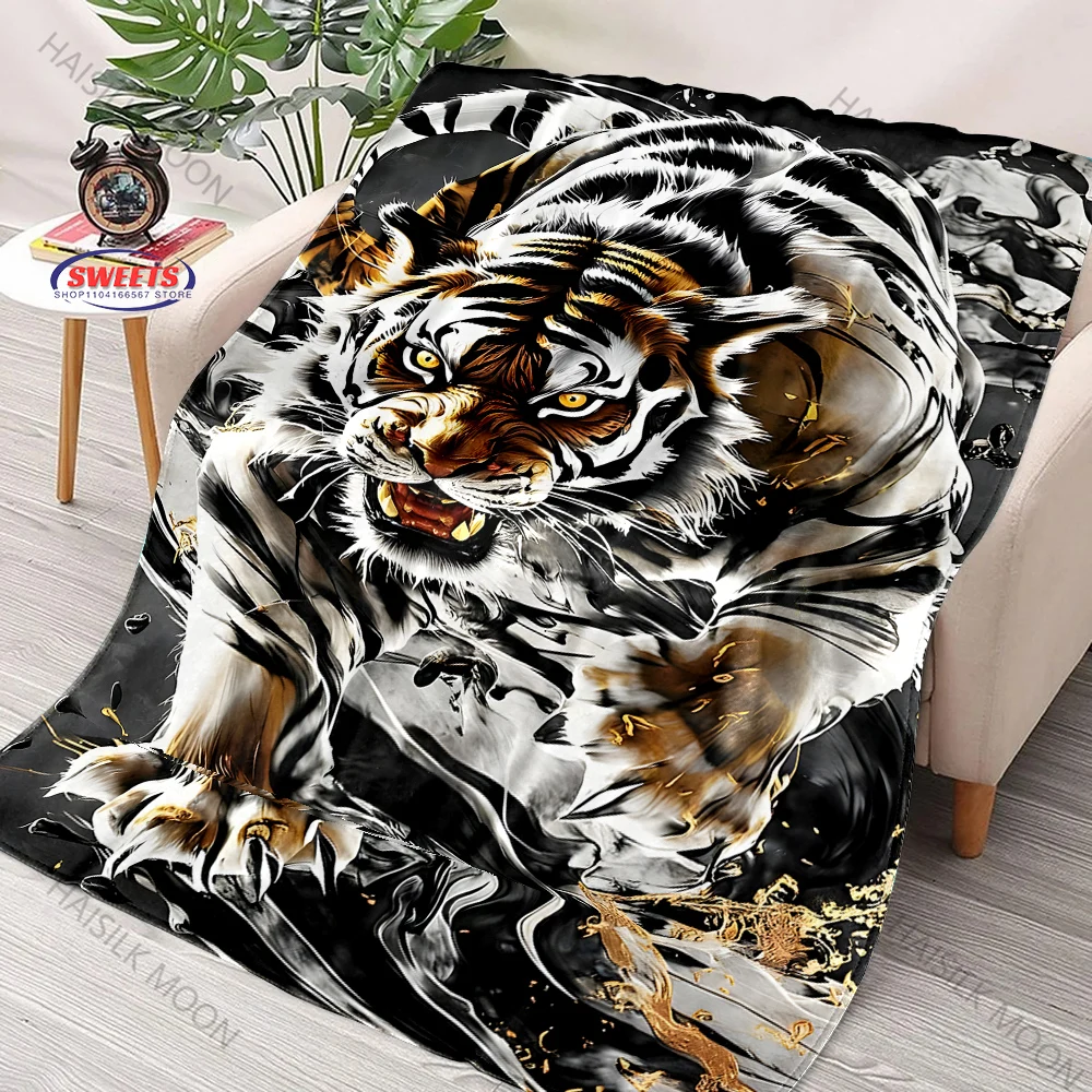 3D Ink Tiger Print Flannel Blanket Tiger Lovers Ultra Soft Lightweight Home Car Travel Camping Plane Multi Scene Shawl Blanket