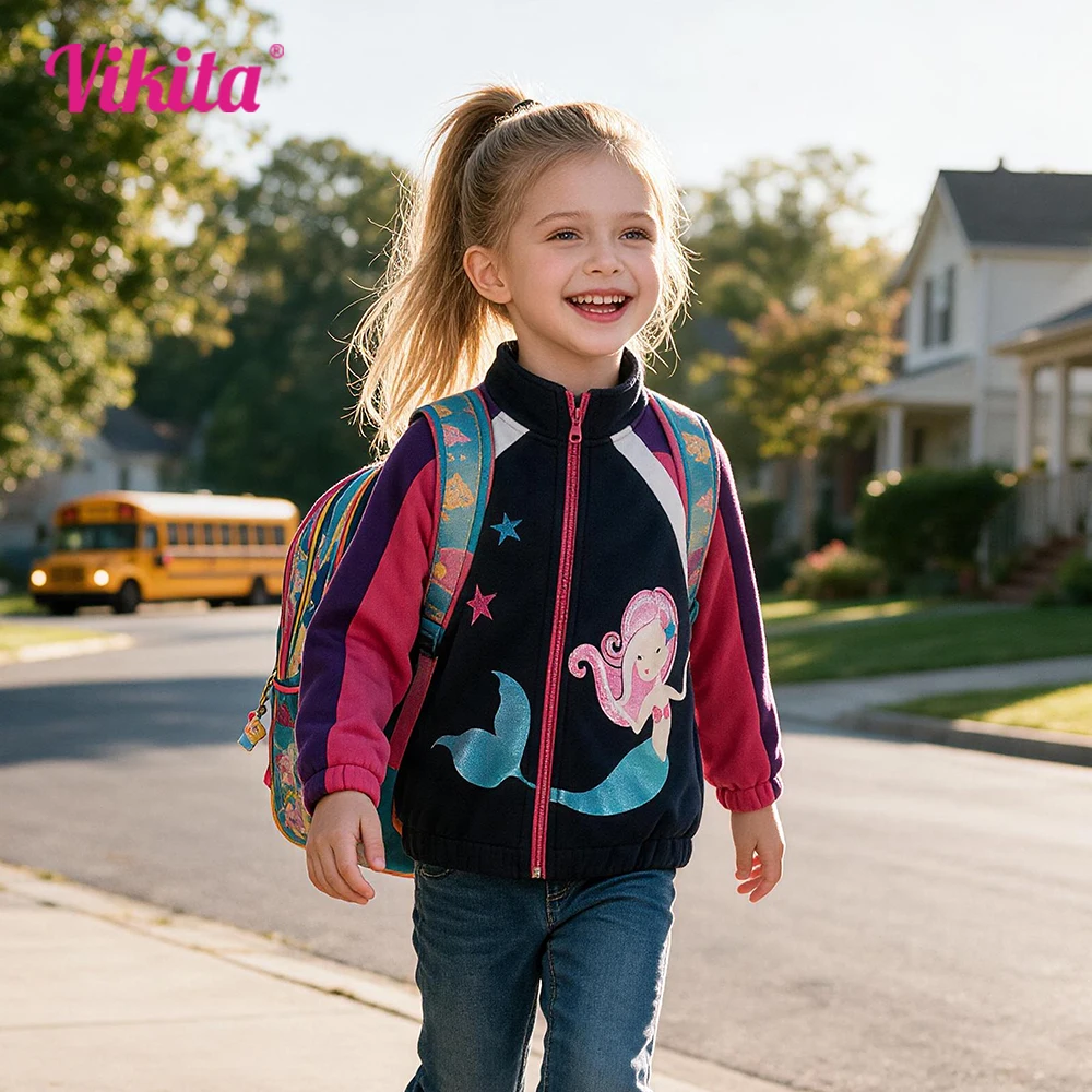 VIKITA Funkelnde Meerjungfrauen-Reißverschlussjacke für Kleinkinder, Kinder Herbst Frühling Weiche Fleece Schule Alltag Freizeit Sportjacke Oberbekleidung