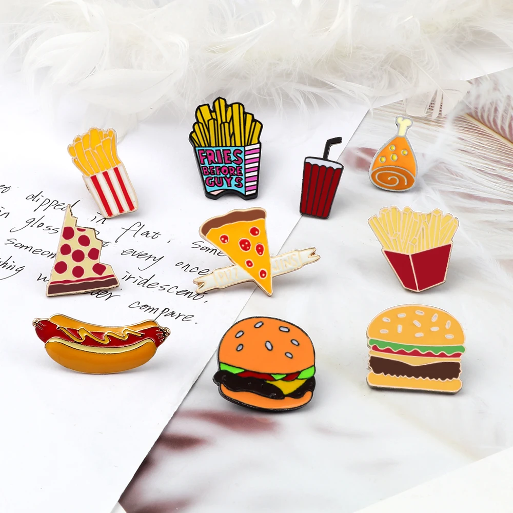 Western Fast Food Pins Brooches Hamburgers Fried Drumstick Fries Hot Dog Pizza Cola Badges Jewelry Enamel Gifts for Kids Friends