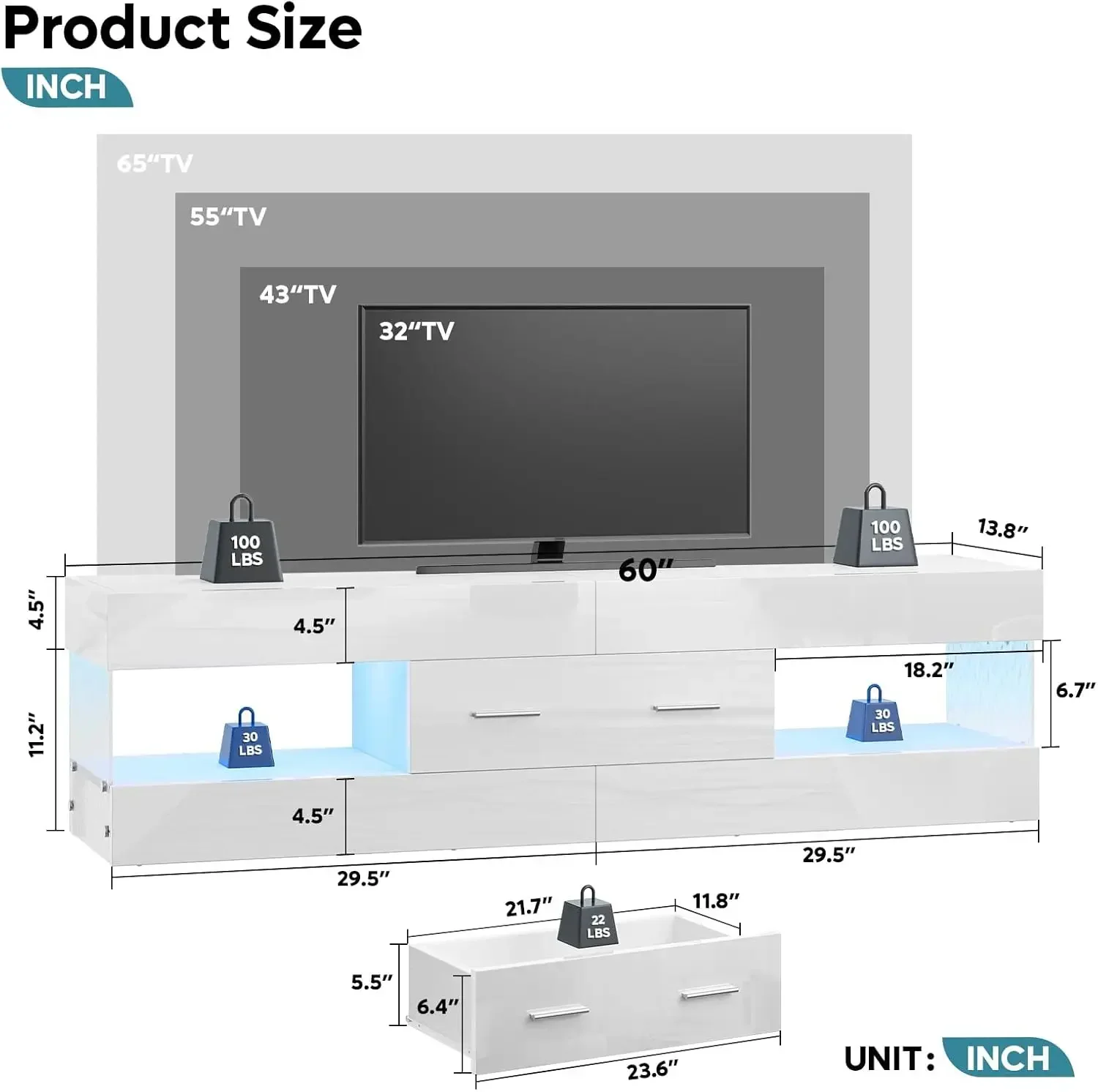 Glossy White LED TV Stand Large Drawer Stone Panel Entertainment Center