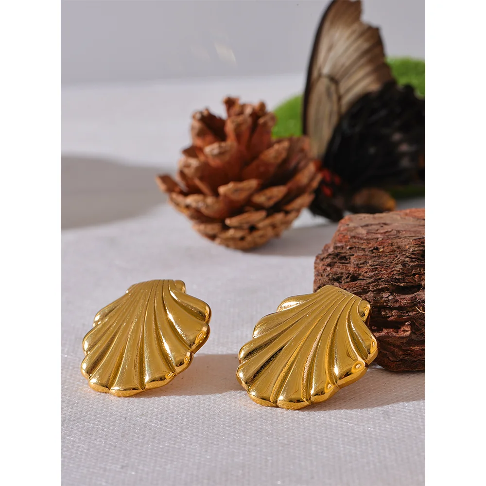 Yhpup Fashion Metal Shell Gold Color Stud Earrings Women Waterproof Stainless Steel Beach Seaside Holiday Summer Jewelry Bijoux