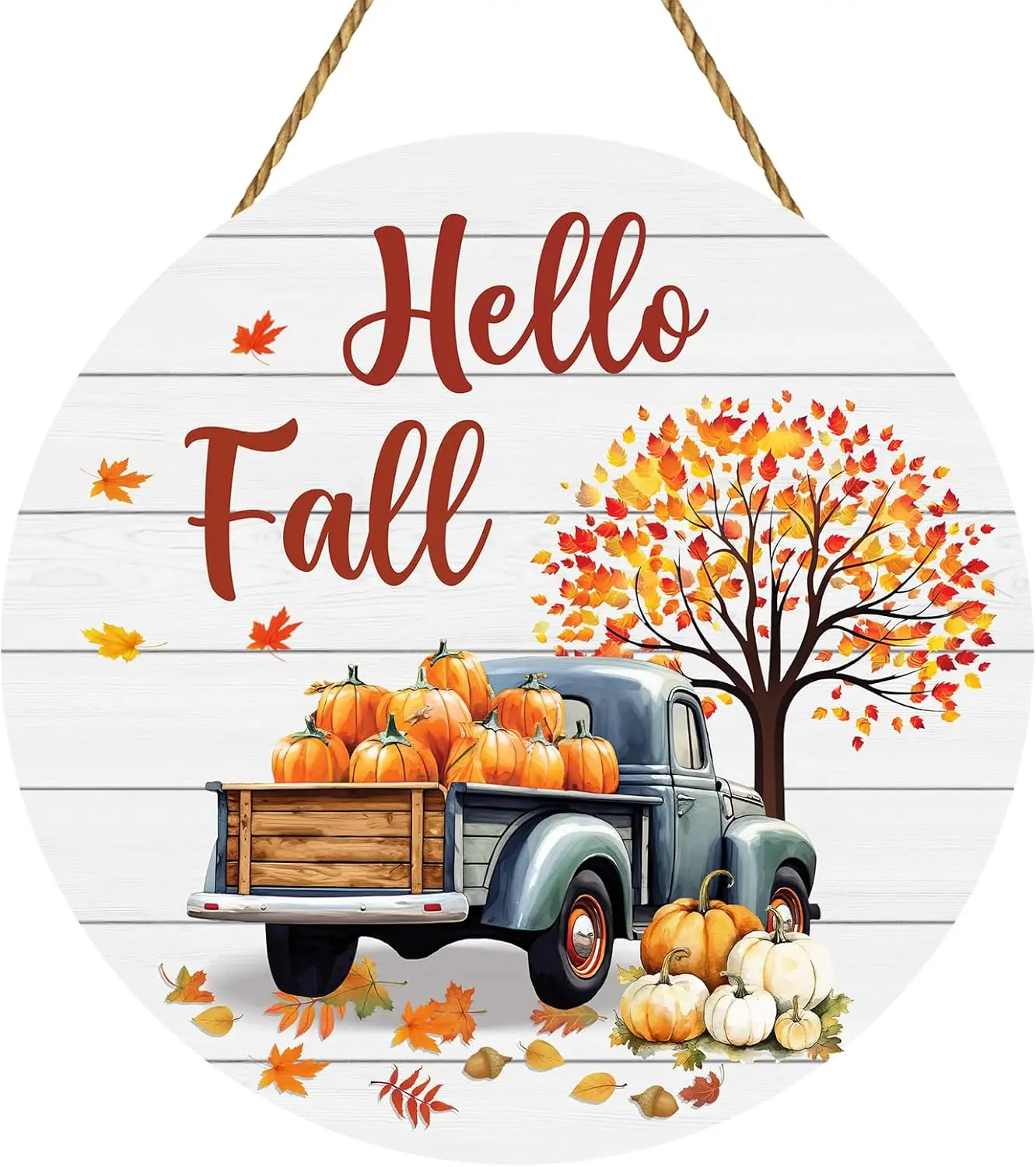 Fall Door Decor  Truck Wall Decor Hello  Sign Wooden Wreath Rustic Truck Maple Leaf Pumpkin Hanger f