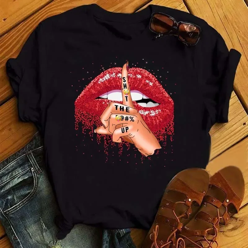 

Fashion Red Lips Finger Print Ladies T-shirts Top Cartoon Womens Graphic Tees T-Shirts Women Summer Short Sleeve Tshirts