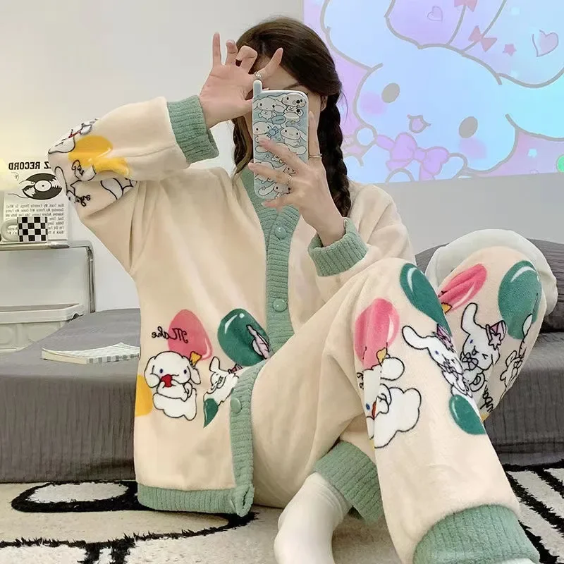 Sanrio Anime Kuromi Girls Sleepwear Autumn Winter Coral Fleece Pajamas Set Cute Cartoon My Melody Cinnamoroll Plush Loungewear