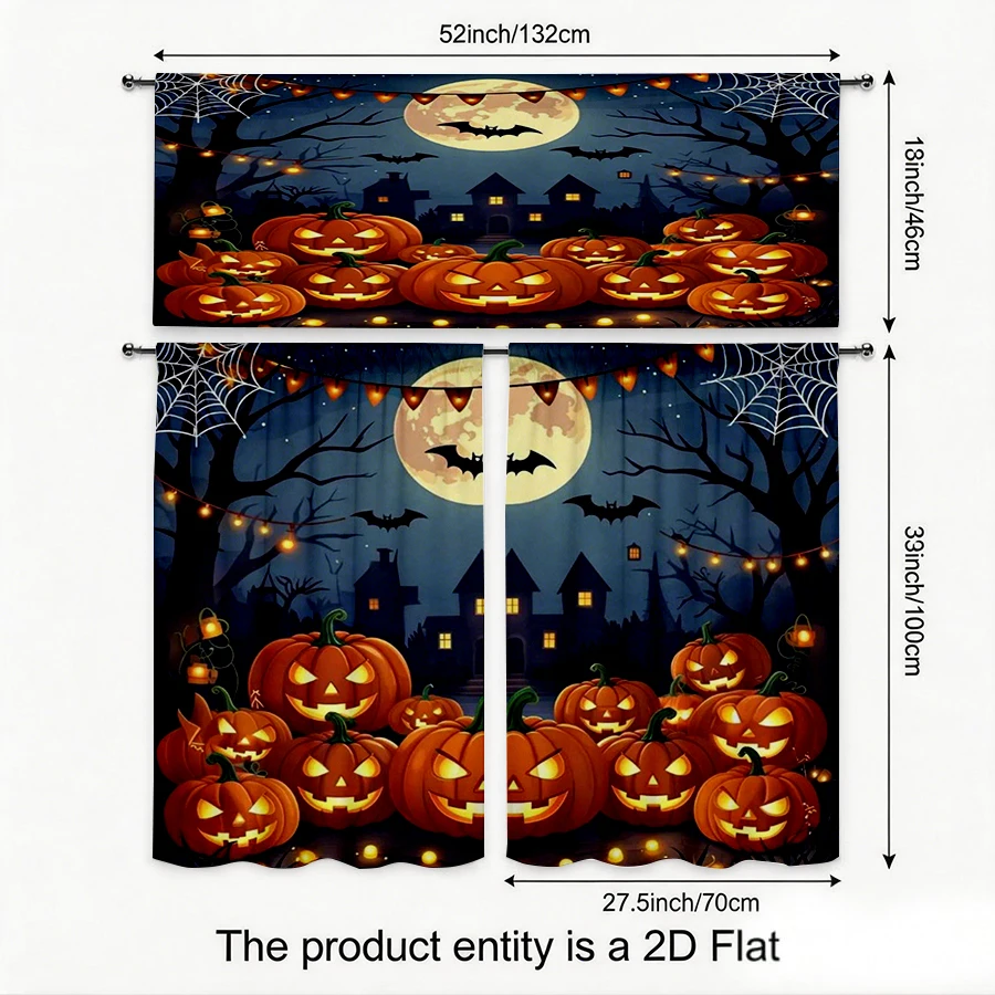 Halloween Fall Kitchen Curtains, Blue Pumpkin Moon Castle, Digital Print, Kitchen Dining Room, Rod Pocket Polyester, Home Decor