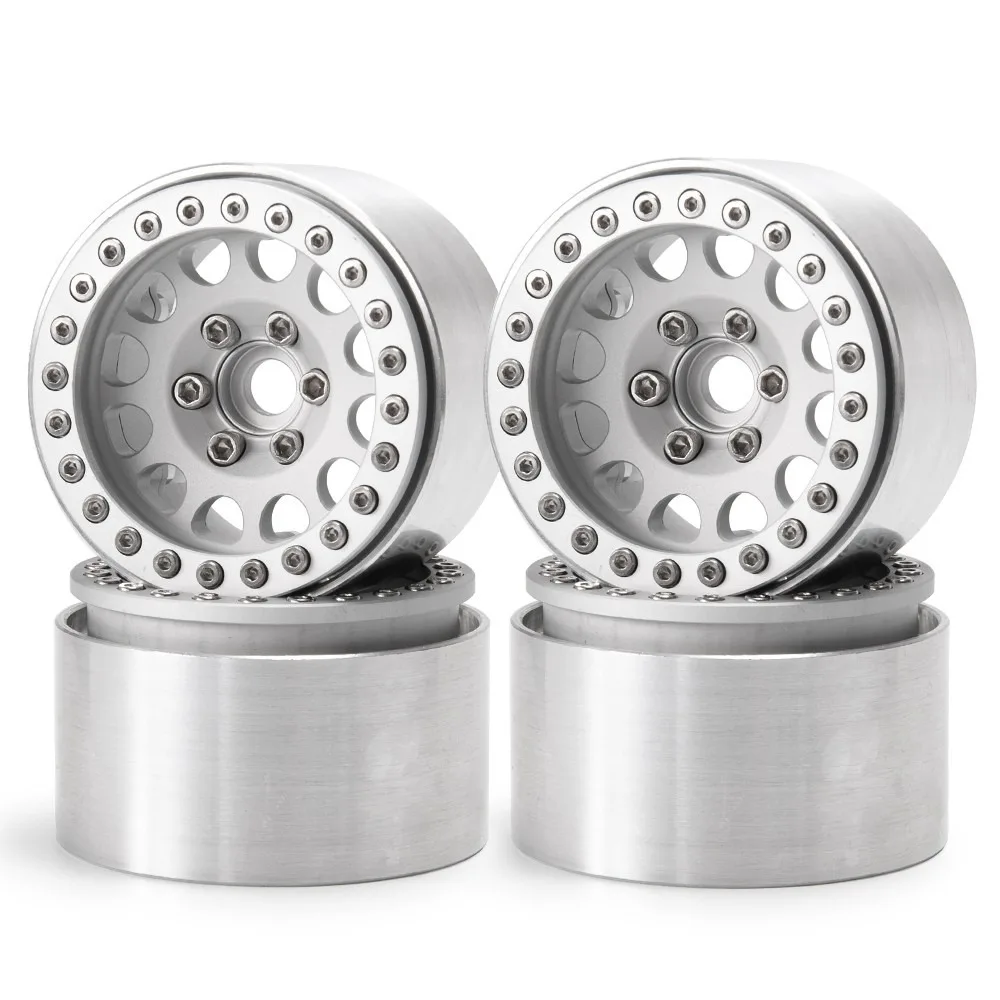 4Pcs CNC Aluminum Alloy Beadlock Wheel Rim 1/10 Round Hole Wheel Metal Beadlock 1.9Inch for Axial SCX10 AXI03007 TRX4 VS4-10