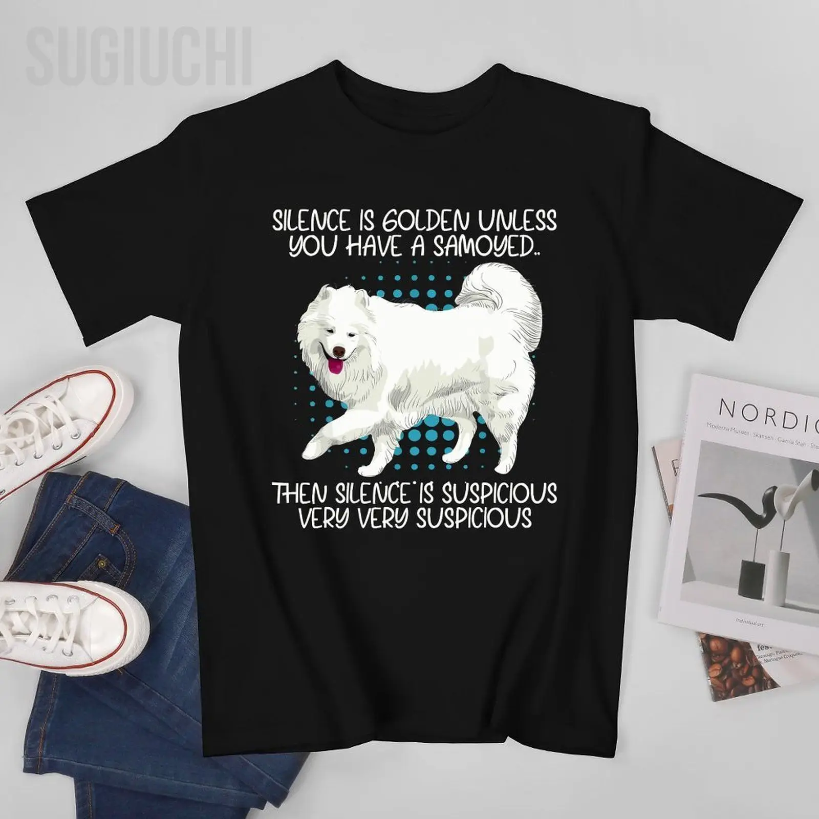 Unisex Men Funny Silence Is Suspicious Very Very Suspicious Samoyed Tshirt Tees T Shirts Women Boys 100% Cotton T-Shirt