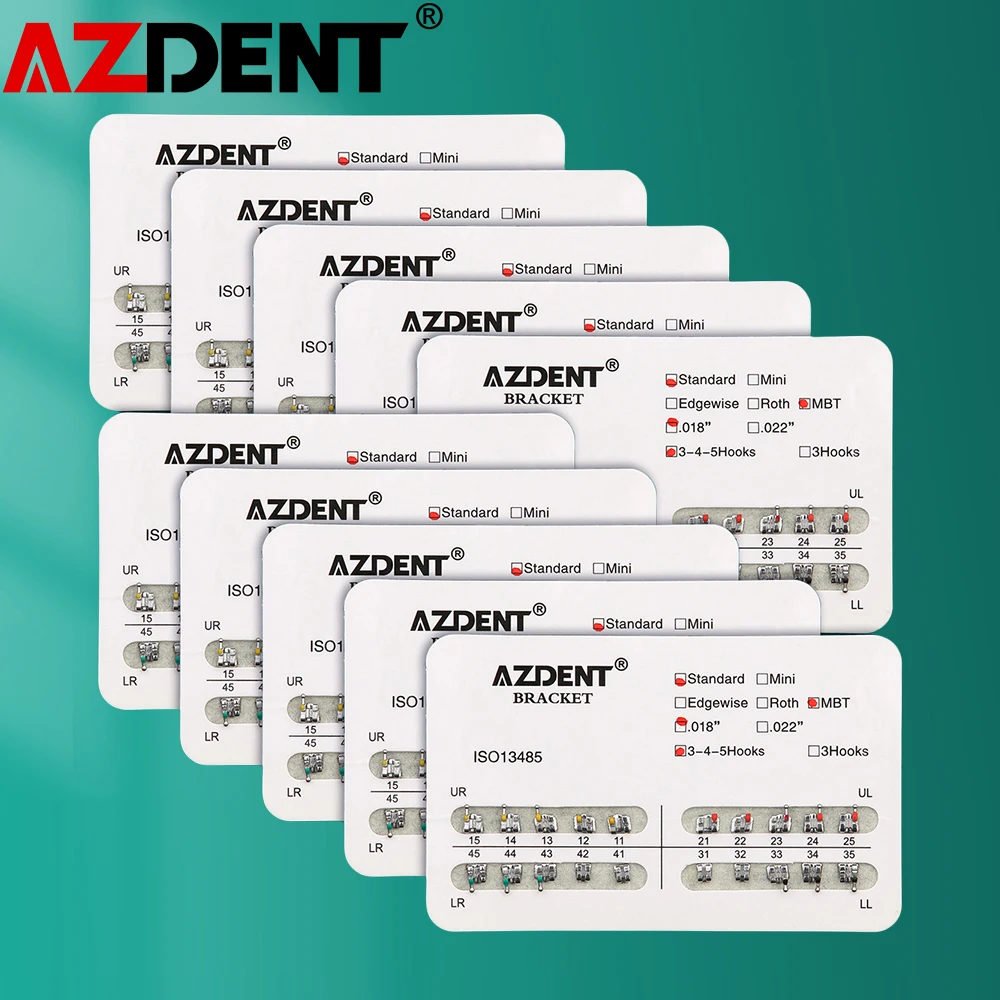 10Packs AZDENT Standard Type Dental Orthodontics Metal Brackets Braces Roth/MBT/Edgewise Slot.022/018 Hooks 3/345