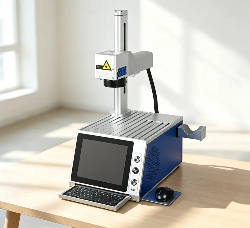 20/30/50W all-in-one fiber laser marking machine, with a tilting touchscreen and built-in keyboard, can be operated offline