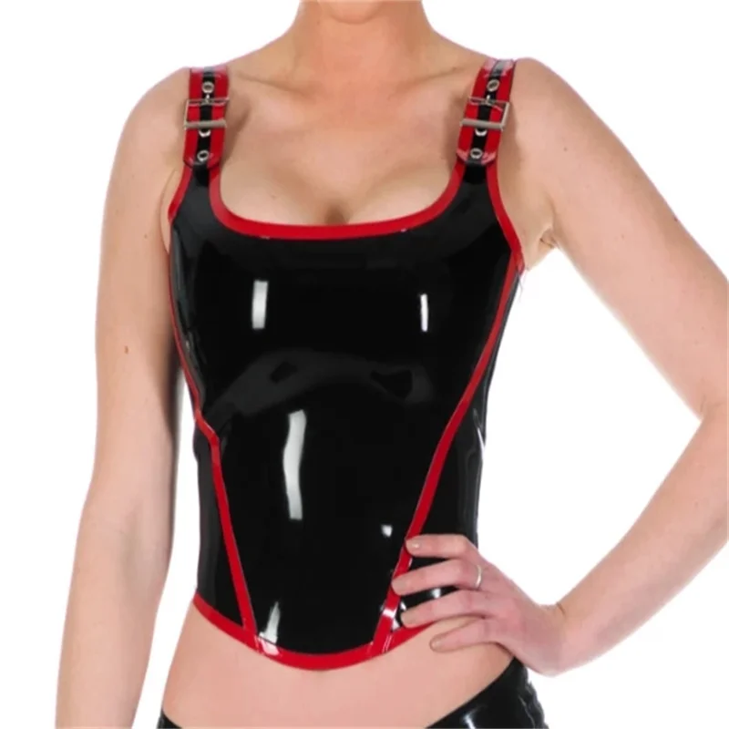 

Halter Black with Red Sexy Latex Crop Top with Belts Mini Short Rubber Shirt Clothes for Women