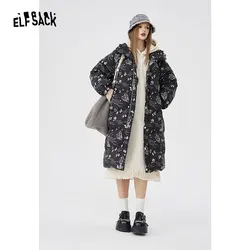 ELFSACK Printing Warm Down Coats Women 2024 Winter Cartoon Printed Hooded Down coats Jackets