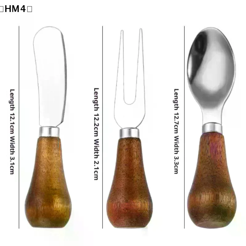 〔HM4〕Juego de 3 piezas de cuchillos para queso de acero inoxidable, tenedor para queso con mango de madera, espátula para mantequilla, cuchillo para queso, espalda de queso, espalda para mermelada, utensilios de repostería