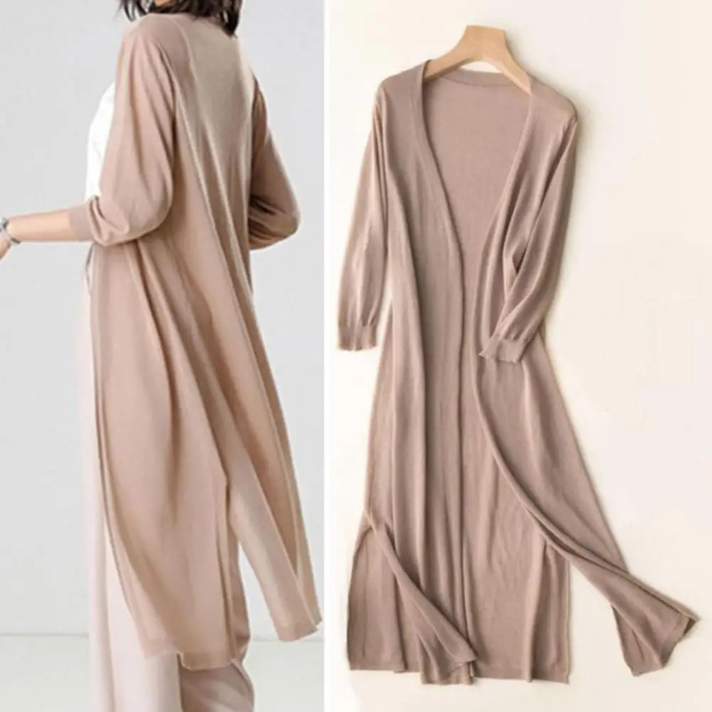 

Women Summer Knitting Coat Sun Protection Clothing Long Sleeve Side Split Long Cardigan Jacket Ladies Thin Shawl Outerwear