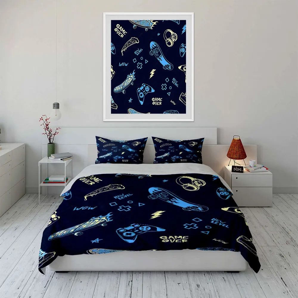 Skateboard Game Controller Street Style Duvet Cover Set with 3D Printing Design Soft Polyester Bedding Set All-Season Comfort