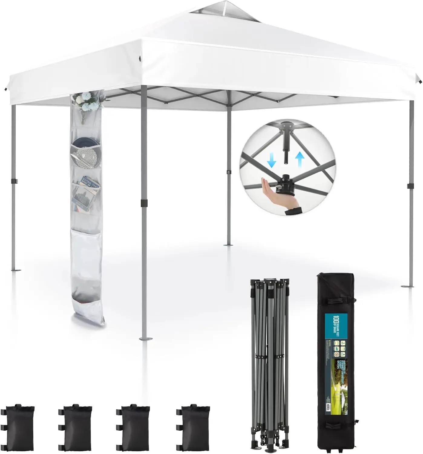 

Canopy Tent Pop Up 10x10 ft, One Person Push Set Up Tent, Outdoor Canopies Shelter Heavy Duty Straight Legs with 4 Sandbags &