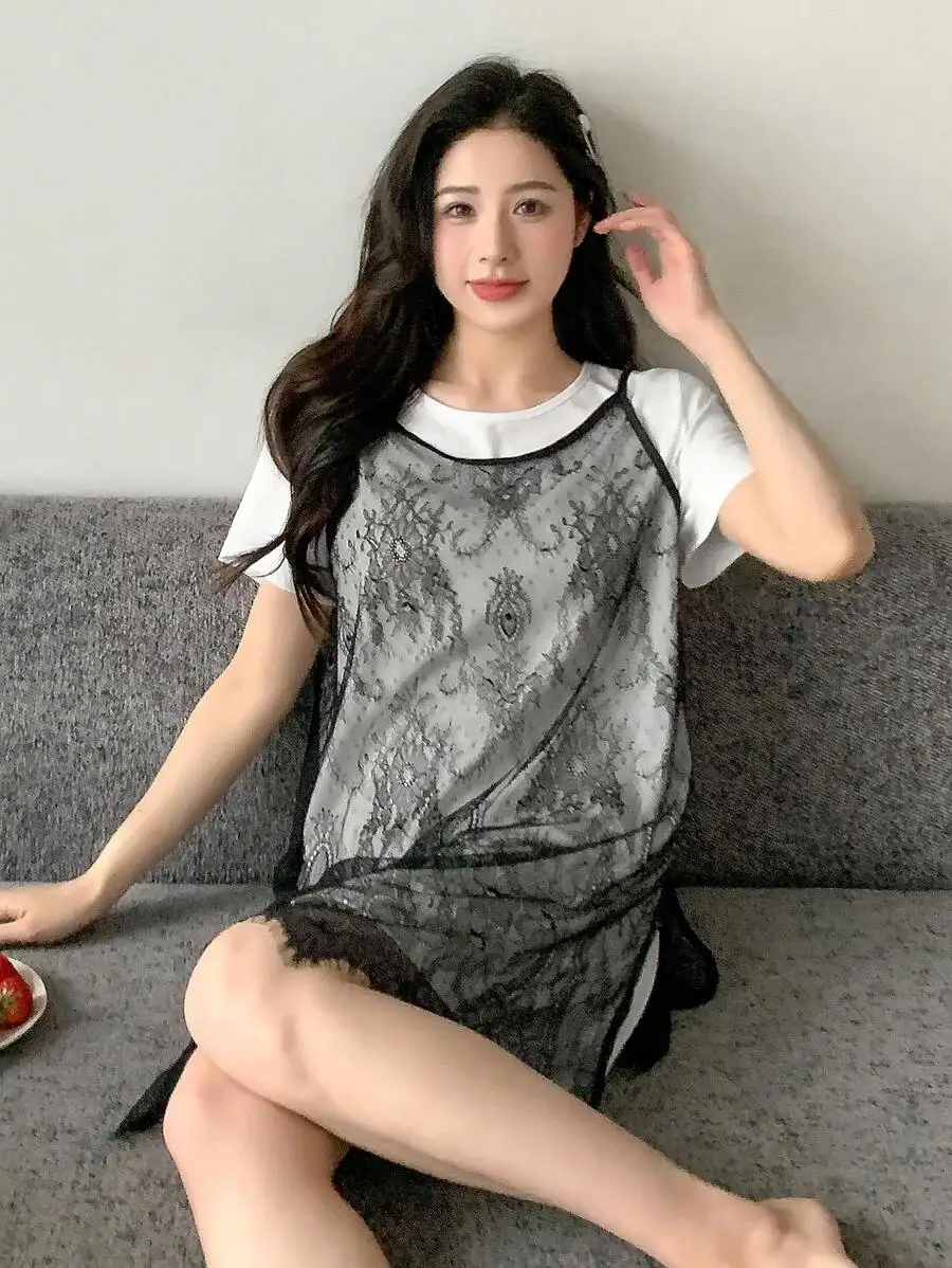 Lace Round Neck Loose Cami Sleepwear Set With Short Sleeve Top And Shorts