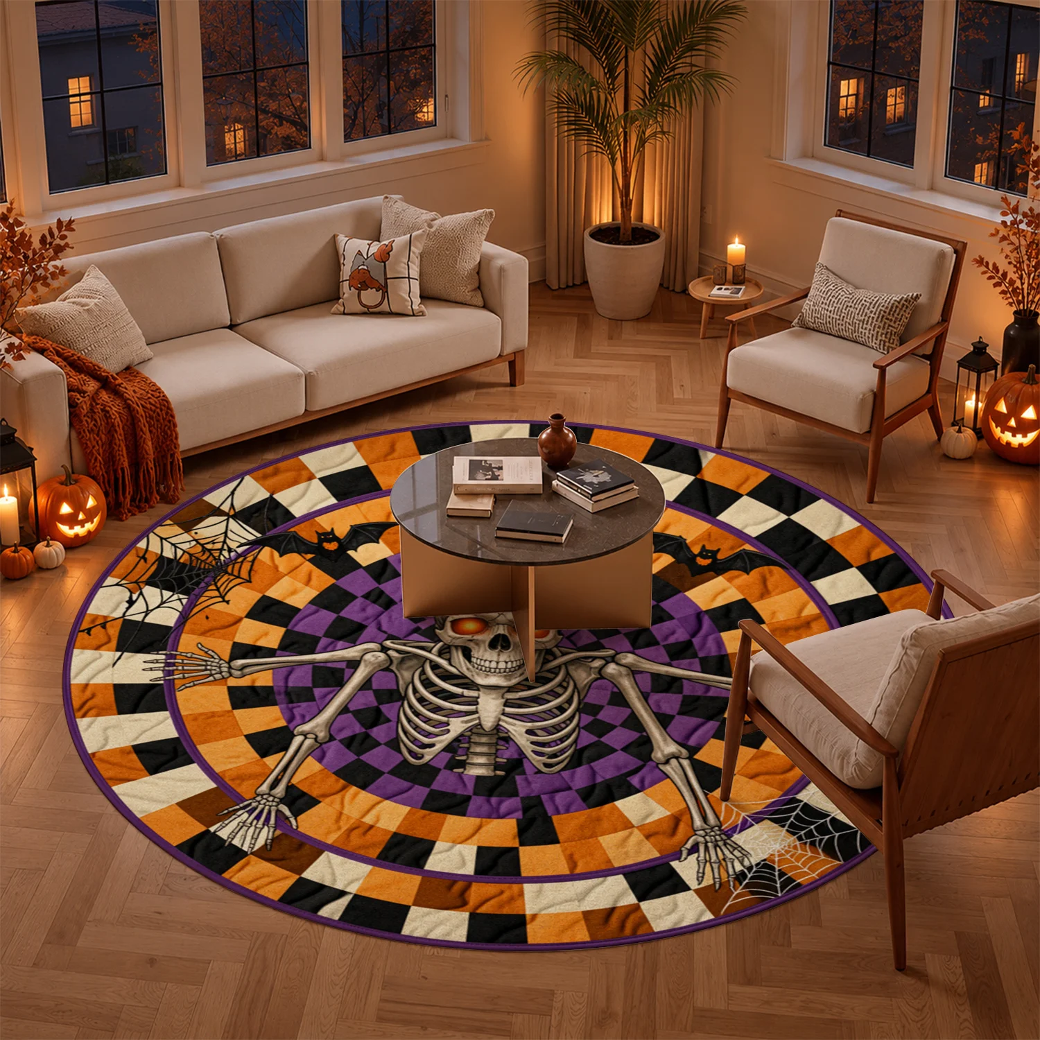 Halloween Skeleton Bat Spider Web Checkered Round Velvet Area Rug, Machine Washable Soft Plush Floor Rug for Living Room, Bedroom, Entryway, Dining Room, Perfect for Halloween, Thanksgiving, Christmas, New Year, Black Friday Home Decor