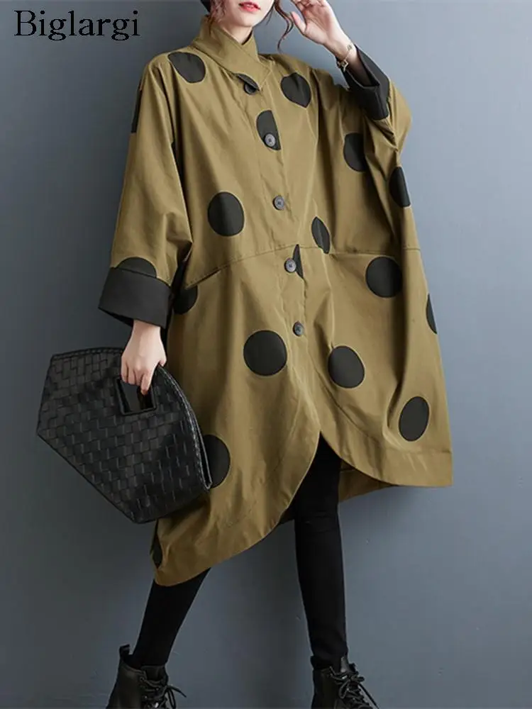 Oversized Polka Dot Trench Coat Women Vintage Autumn Loose Ladies Outwear Casual Trench Coats Fashion Woman Long Jacket Coat