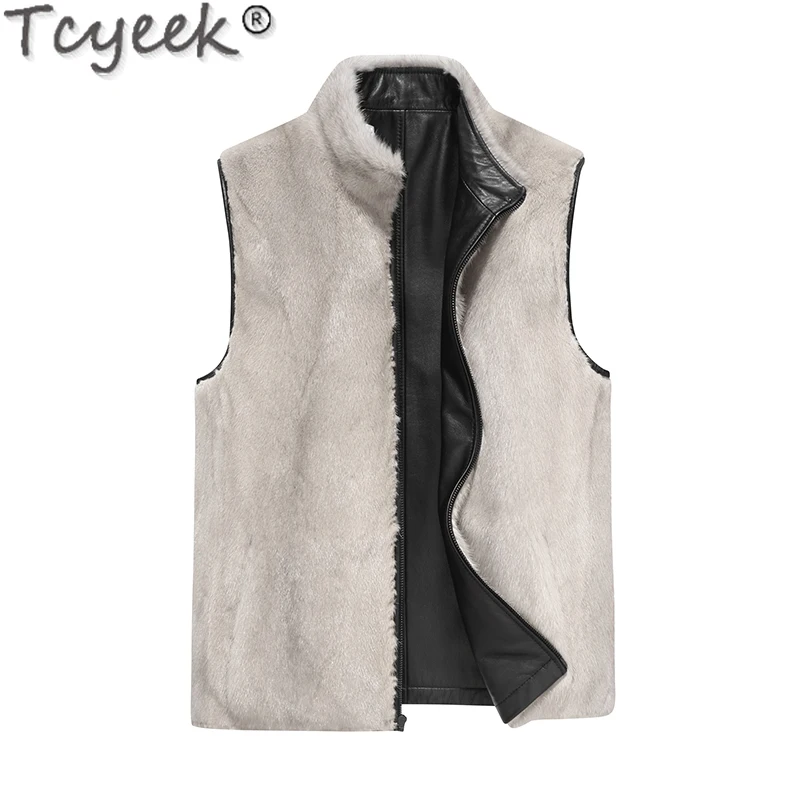 Tcyeek Natural Whole Mink Fur Jacket Fall Winter Sleeveless Vest for Men Fashion Top Layer Cowhide Waistcoat Short Two Side Wear