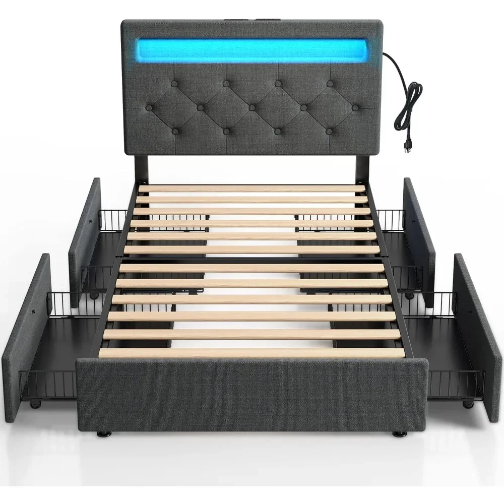 Twin Size Bed Frame with Charging Station and LED Lights, Upholstered Bed with Adjustable Headboard and 4 Storage Drawers, Beds