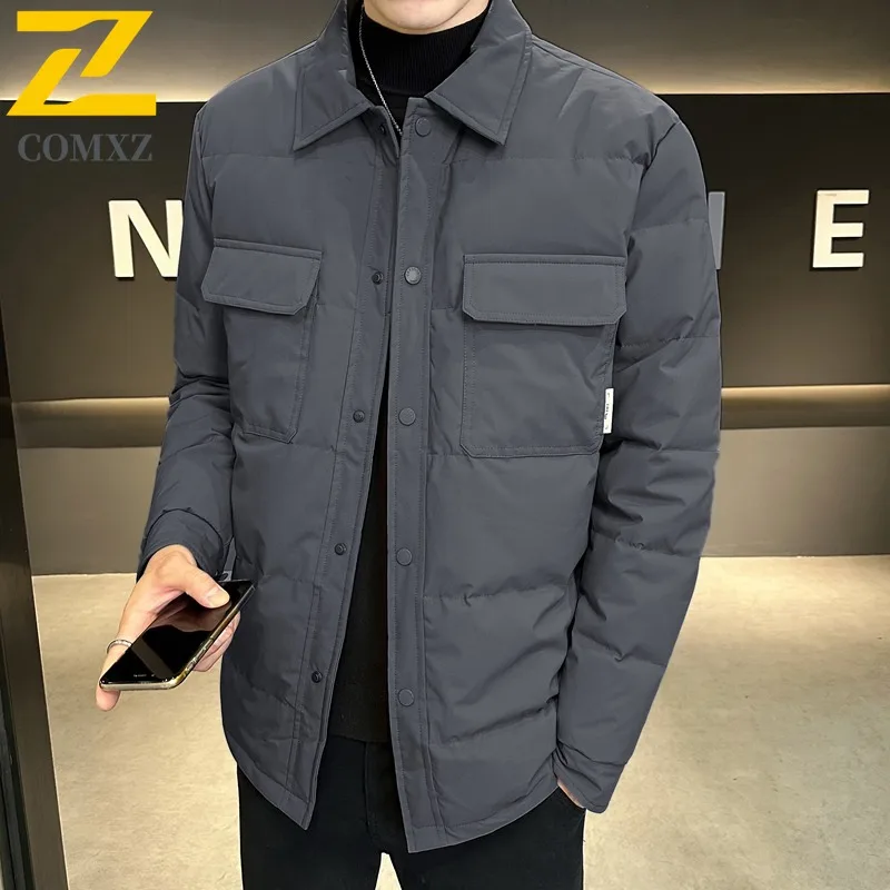 COMXZ Men Middle Aged Gray Duck Down Down Jacket Autumn Winter Lapel Business Casual Wear Versatile Outerwear Windproof Thermal