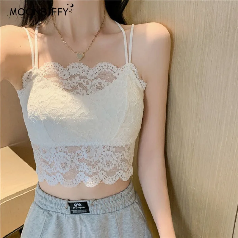 Camis Women Lace Crop Tops Summer Slim Solid Sexy Bottom Shirt Female Chic Korean Style Y2k Tops Beauty Back Tanks Camisole
