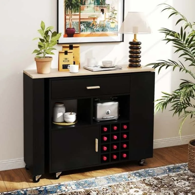 Chariot de cuisine pivotant avec plateau en bois d'hévéa, rangement mobile, casier à vin amovible, roulettes verrouillables, chariot de service polyvalent