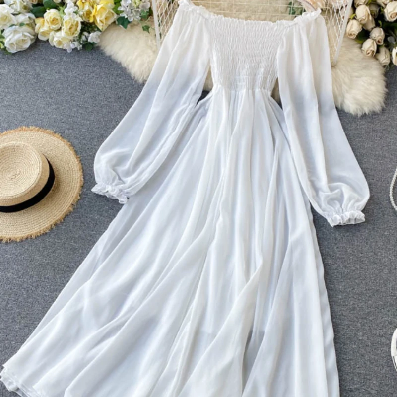 Neue Frühling Herbst Frauen elegante Urlaubs kleider Puff ärmel Slash Neck Off Shoulder Smoked weiße Chiffon Kleider