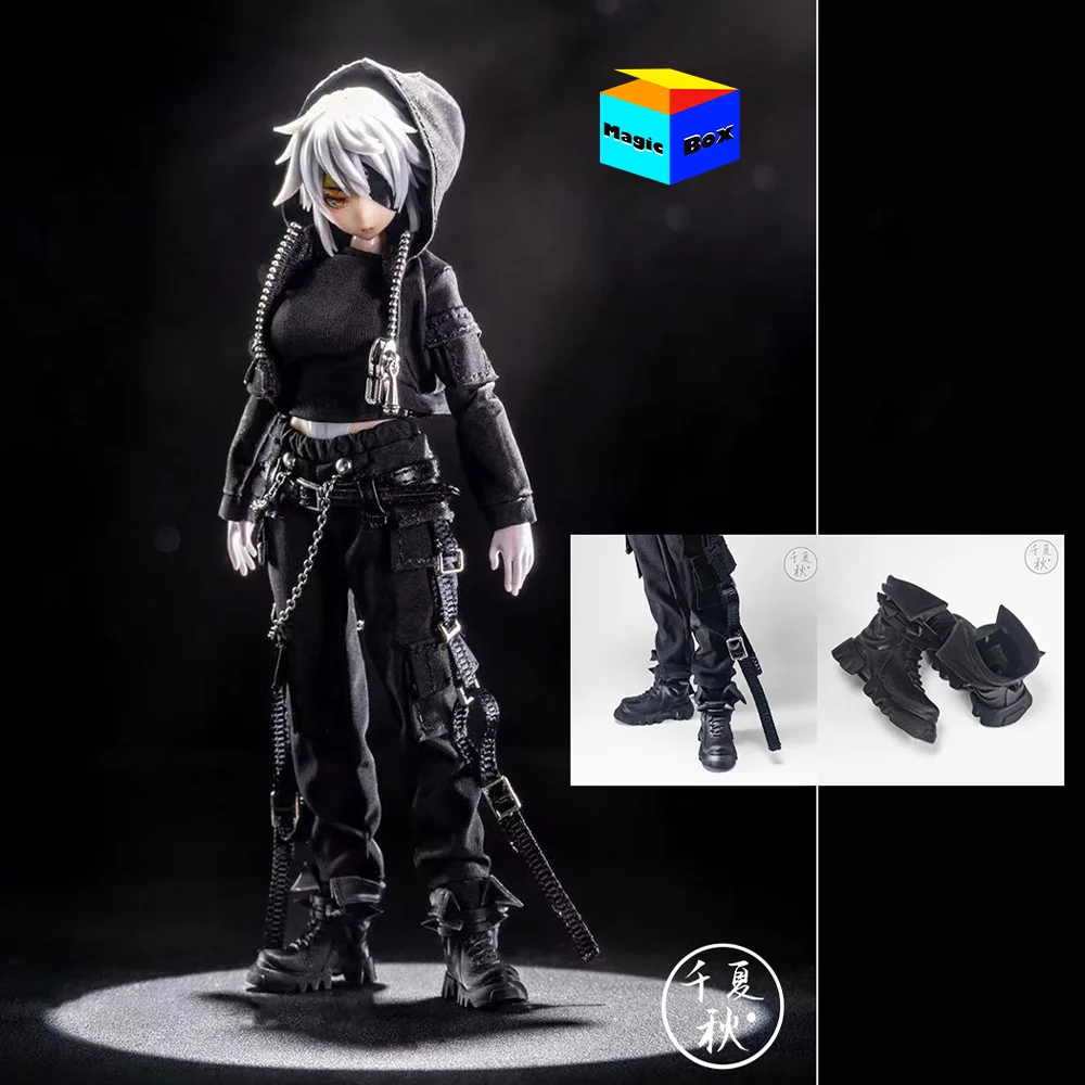 A-008 1/12 Scale Female Soldier Black Hooded Jacket Chain Cargo Pants Combat Boots Shoes For 6in Anime Action Figure Body