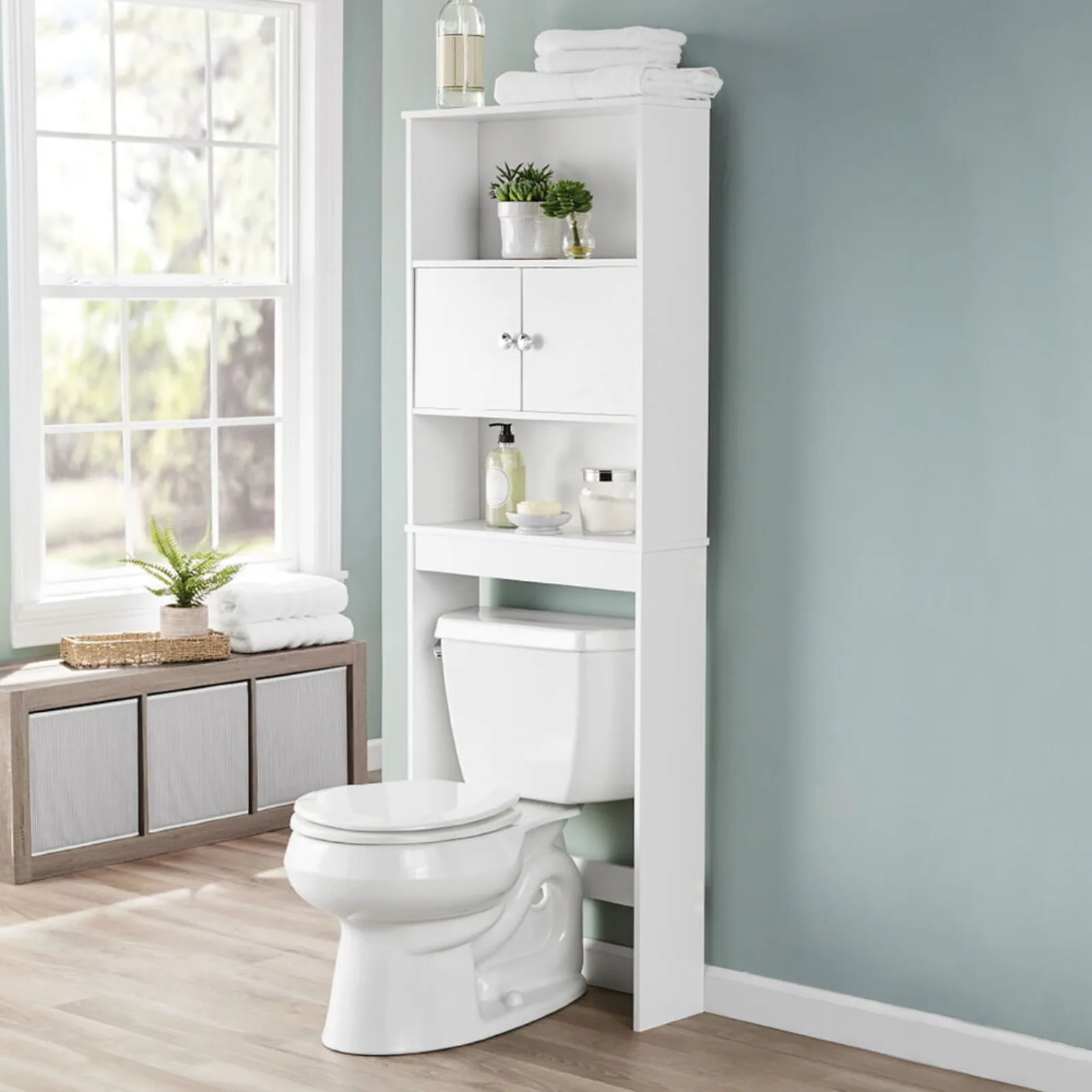 

Wooden Over the Toilet Bathroom Storage with 3 Fixed Shelves Double Door Cabinet United States