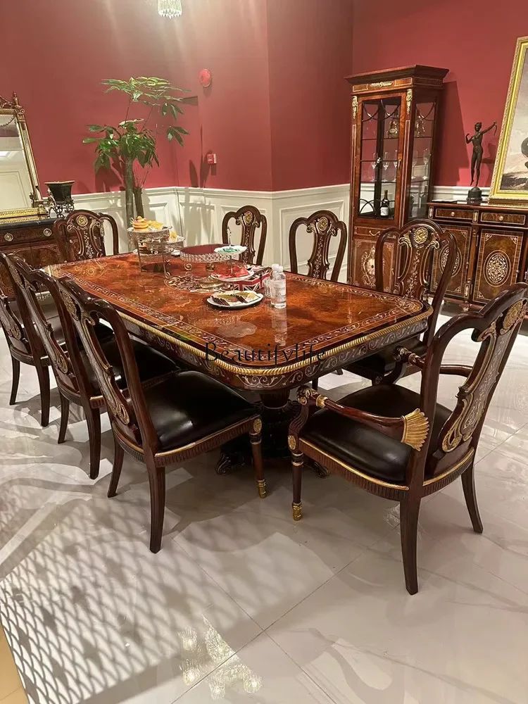 

ls 27European style 2.4 meters large dining table, solid wood carving flower shell parquet