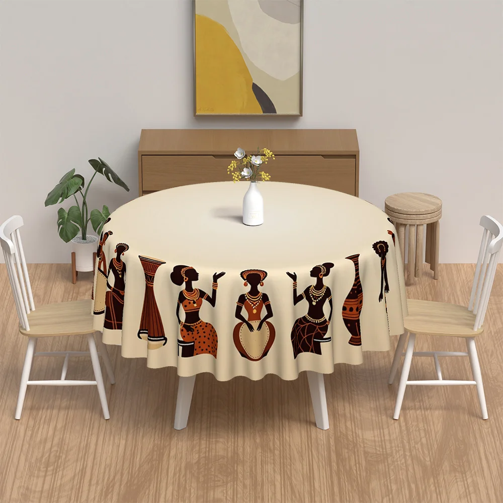 African-themed round tablecloth with drums, vases and dancers - brown and rice, suitable for carnivals, parties
