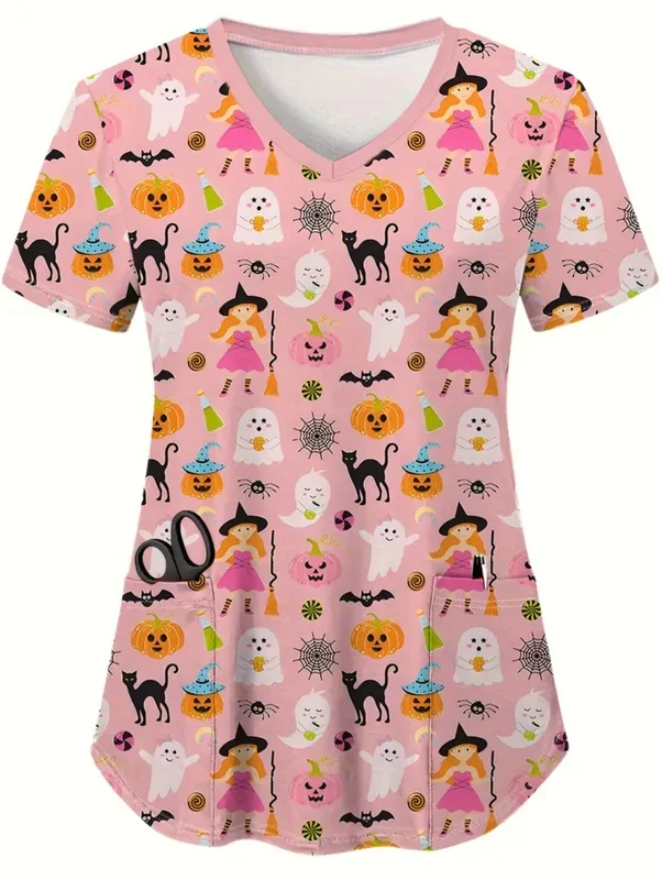 Halloween-Serie, Damen-Arbeitskleidung mit kurzen Ärmeln, V-Ausschnitt, modisches Design mit Bindebändern und Taschen, bequem und atmungsaktiv, Krankenpflegeuniform. – Detail 5