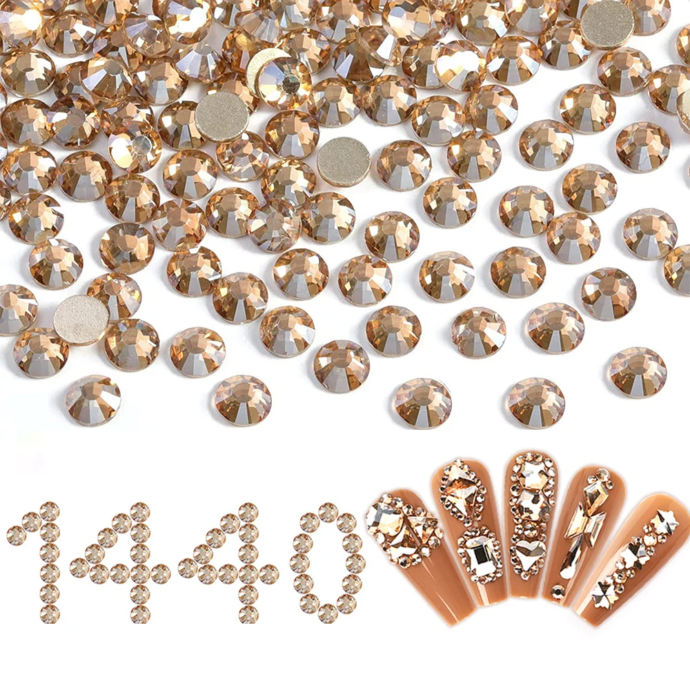 1440pcs Flat Back Crystal Champagne Rhinestone Round Gemstone for Nail Art, DIY Crafts, Eye Makeup, Mug Decoration, Shades of Go