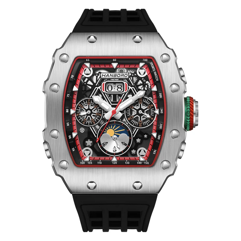 HANBORO, reloj automático para hombre, reloj de pulsera mecánico de 52mm, caja luminosa Tonneau, resistente al agua, multiesfera, mes, semana, fecha