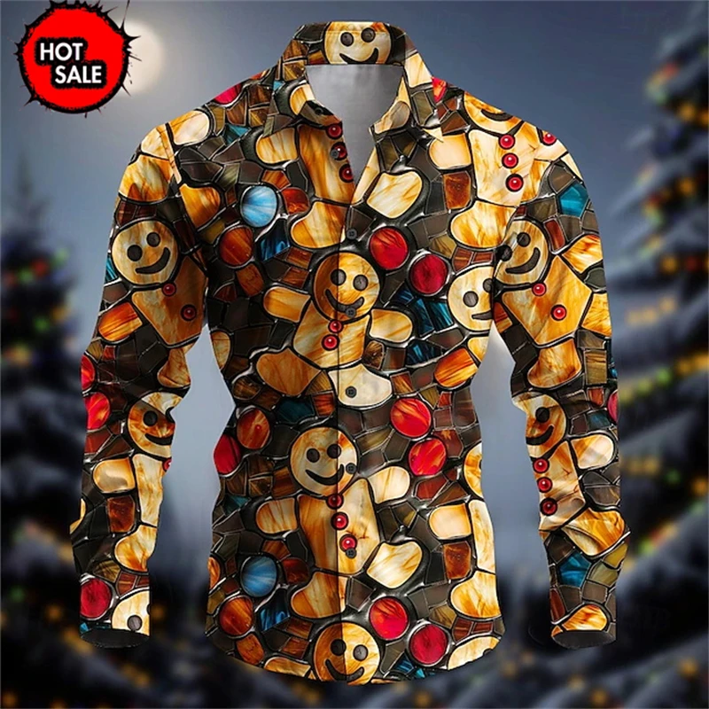 3D Printing Christmas Gingerbread Xmas Fashion Comfortable Button Down Mens Shirts Long Sleeve Party Shirt Top Camisas De Hombre