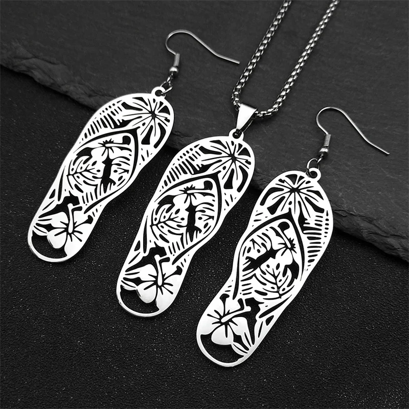 Bohemia Flip Flops Shape Slippers Seaside Vacation Necklace Earrings Women Stainless Steel Gold Color Flower Tree Jewelry Set ﻿