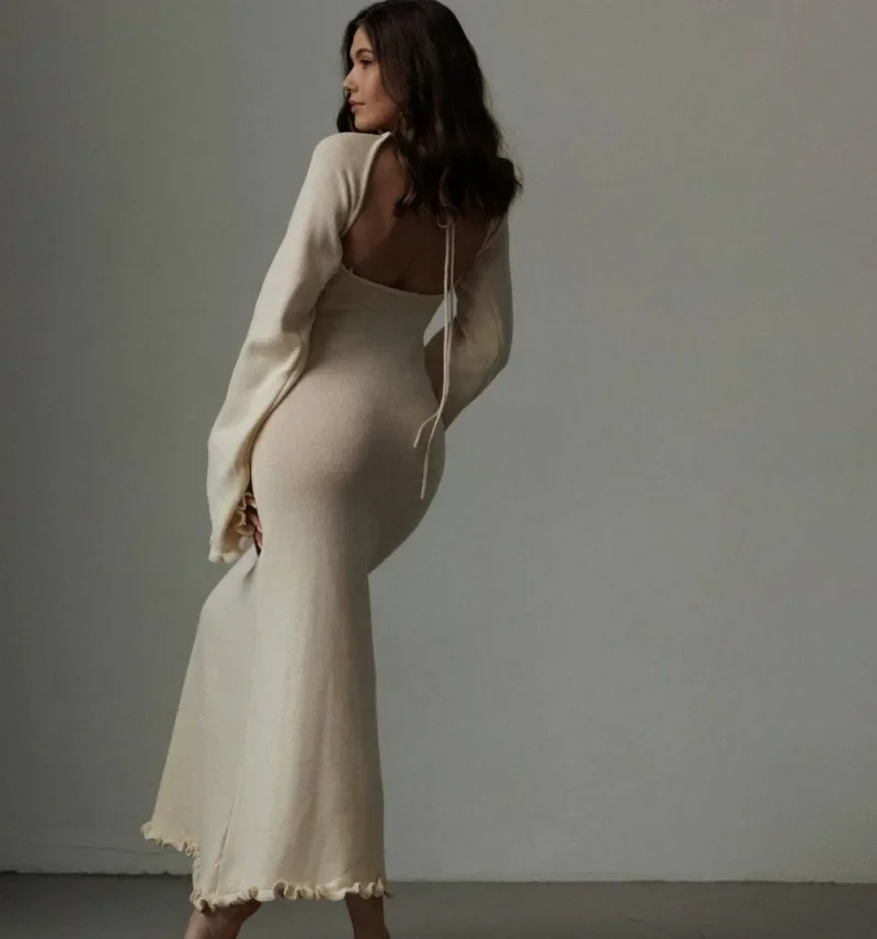 America Solid Trim Backless Knit Maxi Dresses Spring Autumn Long Sleeves Slim Waist Fit Vestidos Sexy Elegant Stylish Robe Y2k