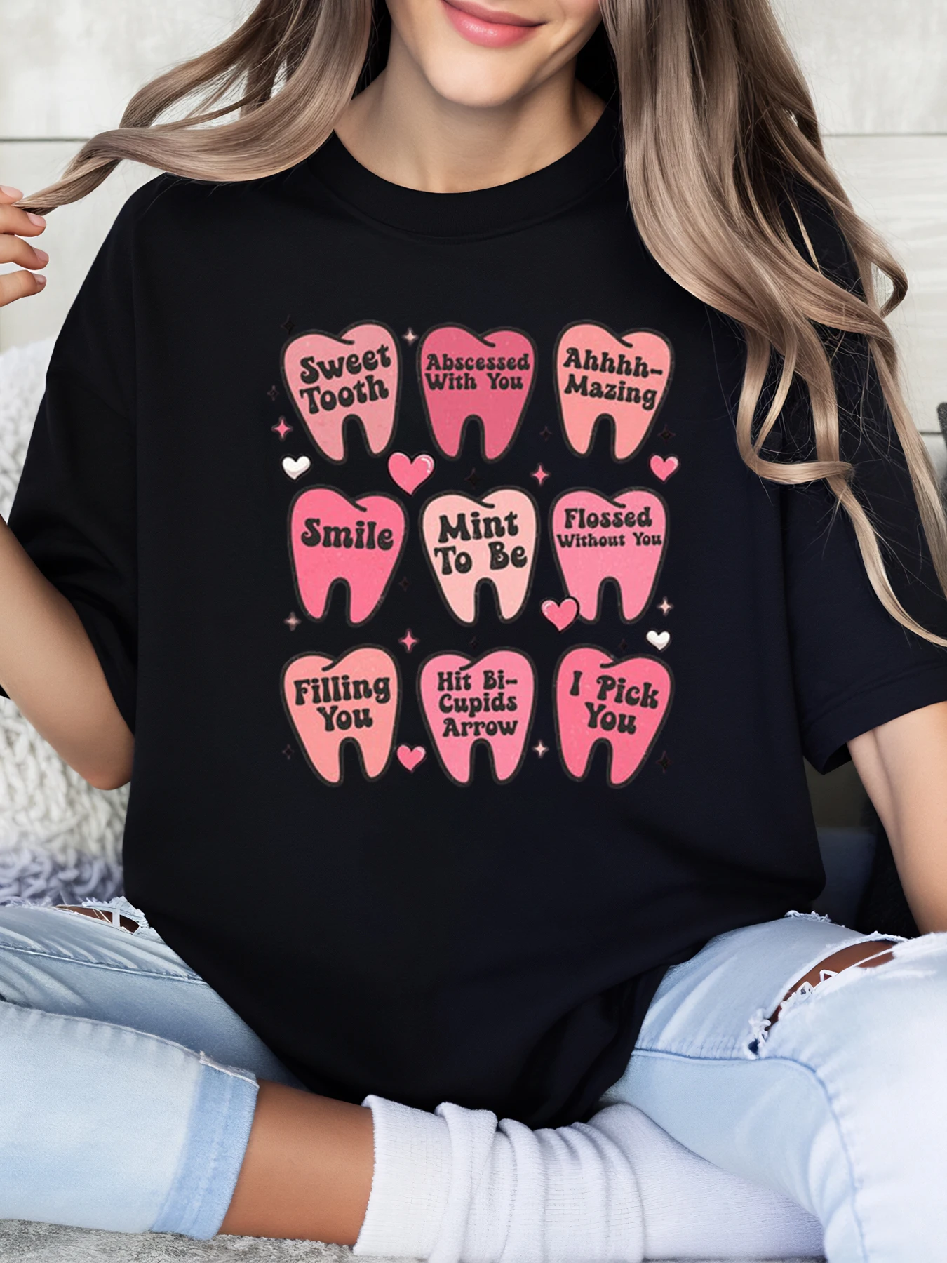 Tooth Puns Camiseta del Día de San Valentín para Mujer Ropa Casual Negro Tallas Grandes