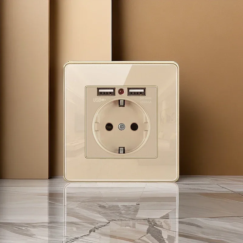 

T&I 16A AC Outlet German Eu Standard Socket With Double Usb Glass Plate Wall Switch and Socket Glass Gloden Frame 86*86mm