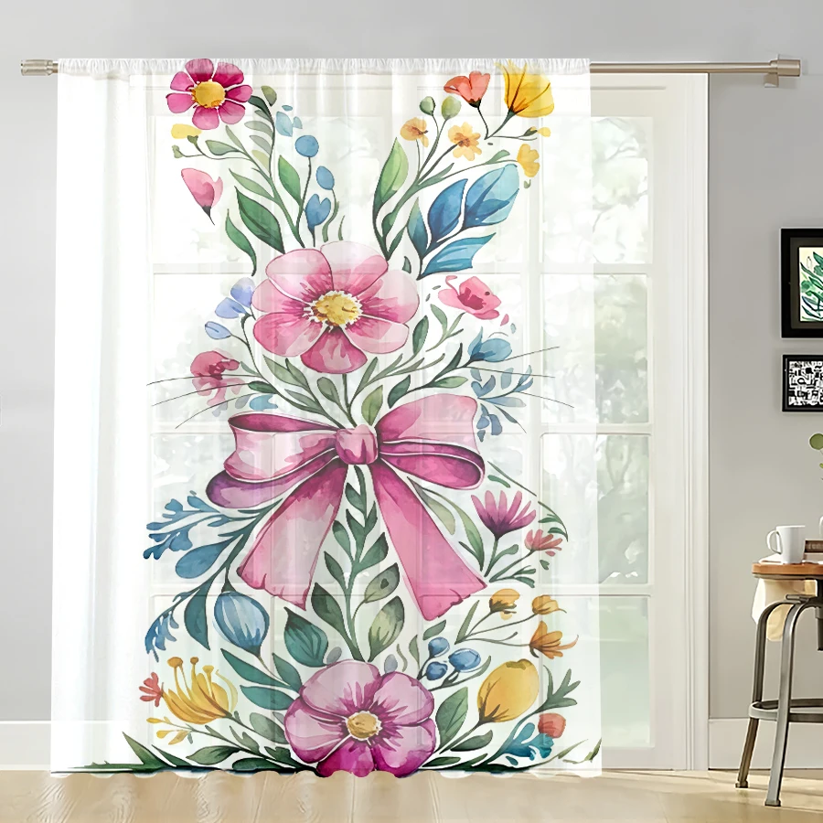 1PC Sheer Curtain, Watercolor Floral Bunny Ears with Pink Bow, Suitable for Bedroom and Living Room, Rod Pocket Style