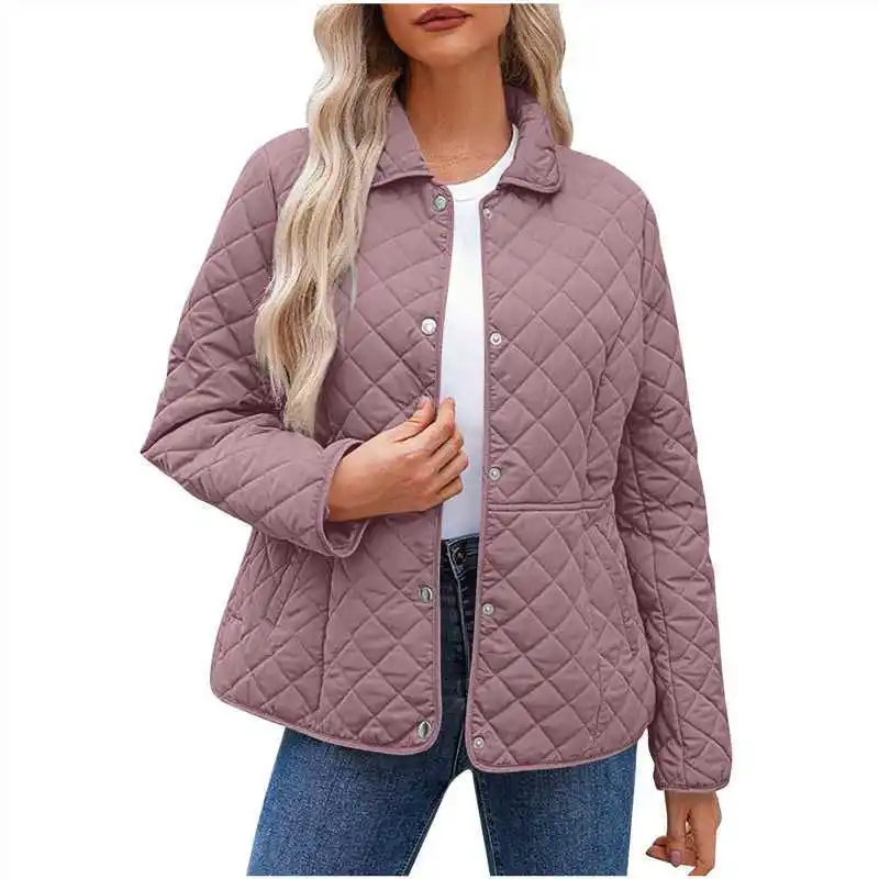 2026 Autumn and Winter Women's Casual Solid Color Lapel Collar Hidden Button Long Sleeve Rhombus Plaid Padded Jacket