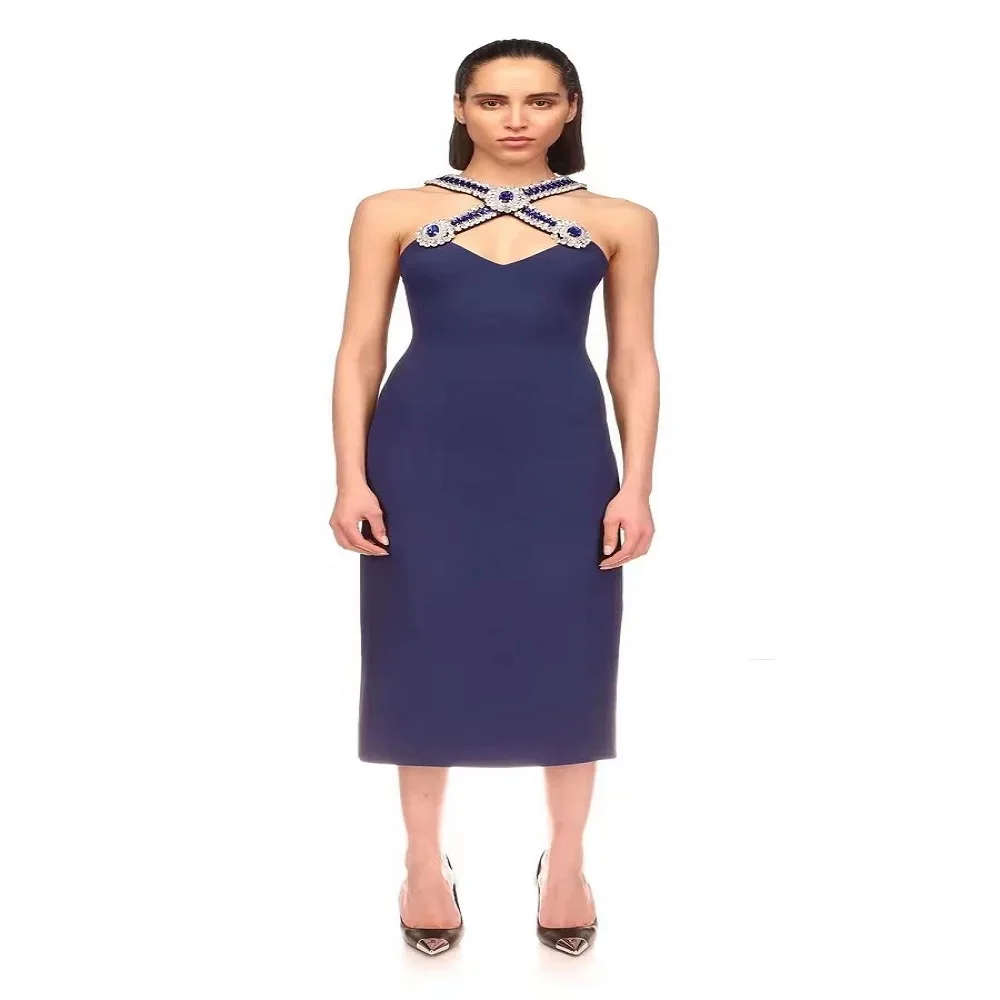 

Women Fashion Cross Design Neck-mounted Bodycon Dress Blue Elegant Flash Diamond Embellished Evening Party Red Carpet Gown